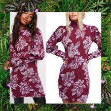 FREE PEOPLE Dress Long Sleeve Mini Sweater Wool Mock Neck Floral Boho Wine XS