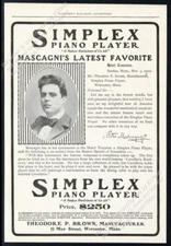 1903 Pietro Mascagni photo Simplex piano player vintage print ad