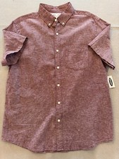 Old Navy Button Up Shirt Men's Large New Relaxed Fit Burgundy Stripe Collared