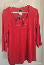 Vintage Slinky Brand Crochet Front 3/4 Sleeve Blouse Womens Size Small USA Made