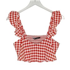 Zara Red White Gingham Cropped Top S Check Ruffle Retro Picnic Summer