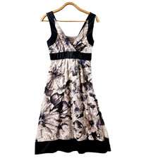 JACQUI E Dress Vintage Womens Size 6 Black Grey Floral Sleeveless A-line V-Neck