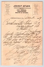 Johnsonville Pennsylvania 1909 John F. Stier Dry Goods Grocery Letterhead 9" x 6