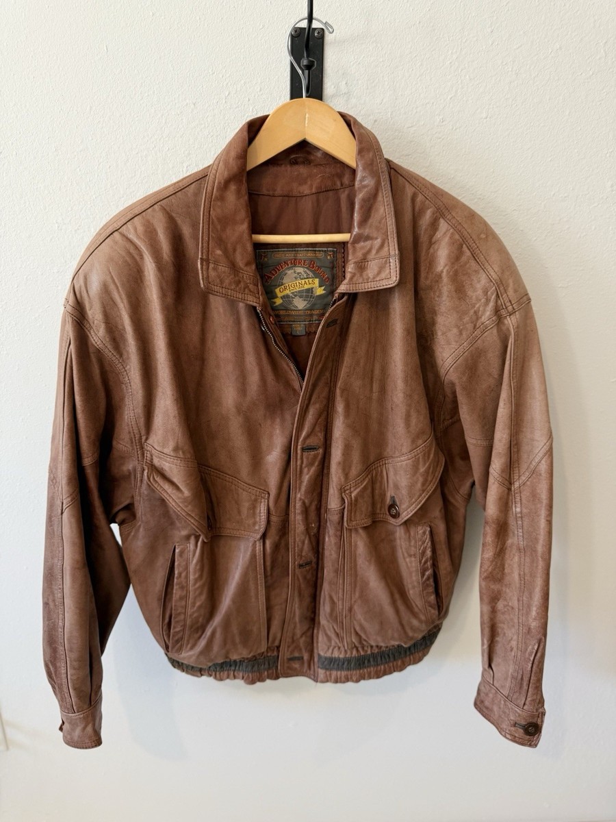 Adventure Bound Distressed Brown Leather Bomber Jacket Vintage 90s