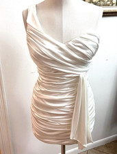 City Triangles White Satin Ruched Bodycon Mini Dress V-Neck Zip Lined Size M