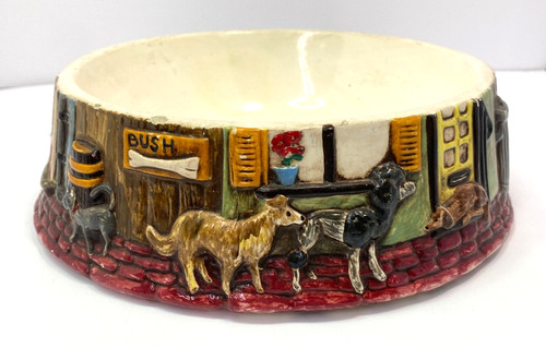 Vintage Atlantic Mold Dog & Cat Street Scene Bowl 1970s Rare 3D Ceramic Dish
