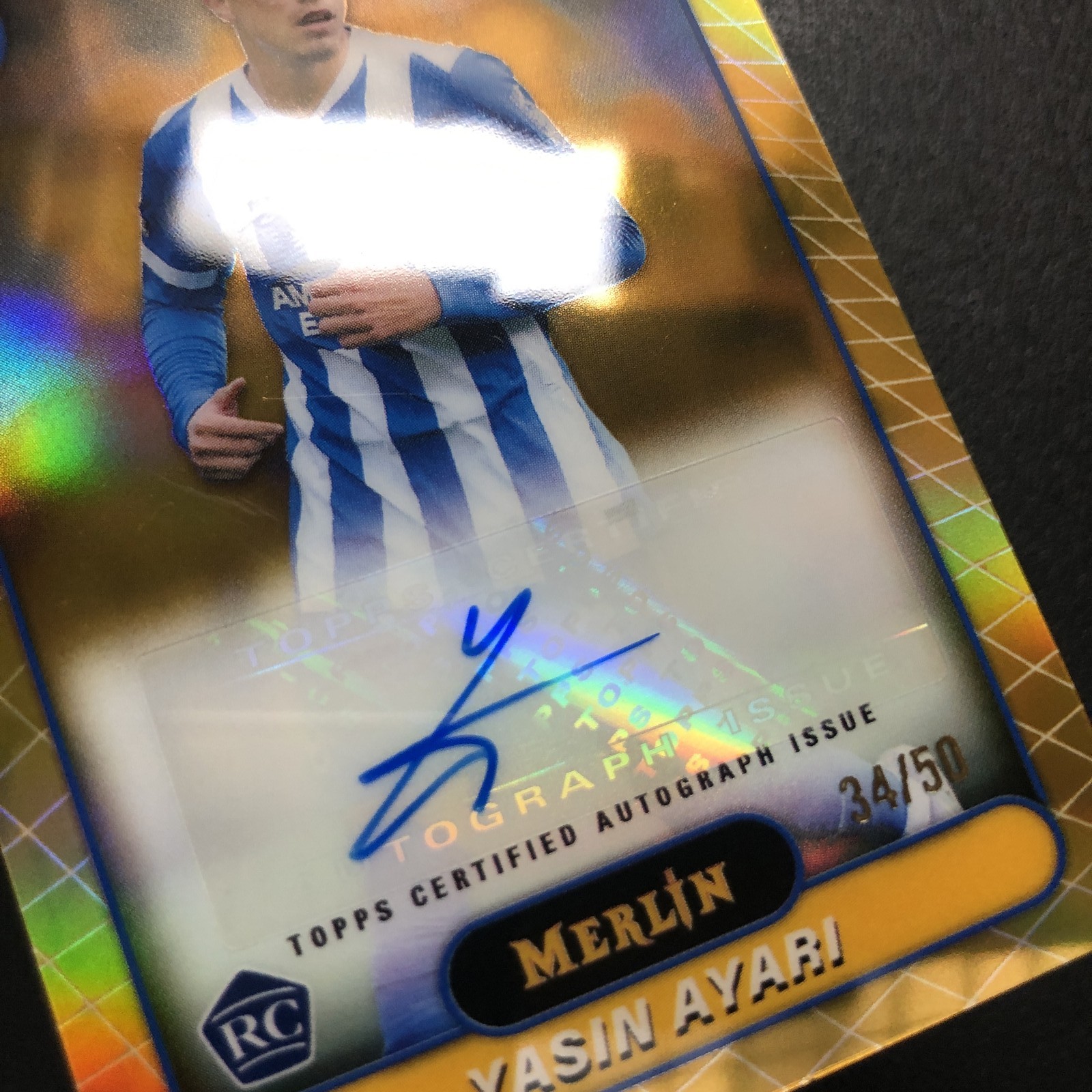 2026 Topps Merlin Premier League Auto Yasin Ayari RC Gold Refractor /50 view 4