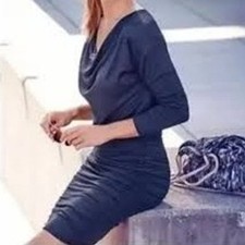 Athleta Solstice Gray Drape Neck Ruched Bodycon Midi Dress MP Wool Modal Blend