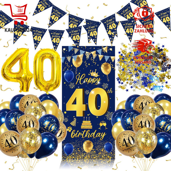 40 Geburtstag Deko MäNner Banner Girlande Wimpelkette Konfetti Luftballons Blau-image