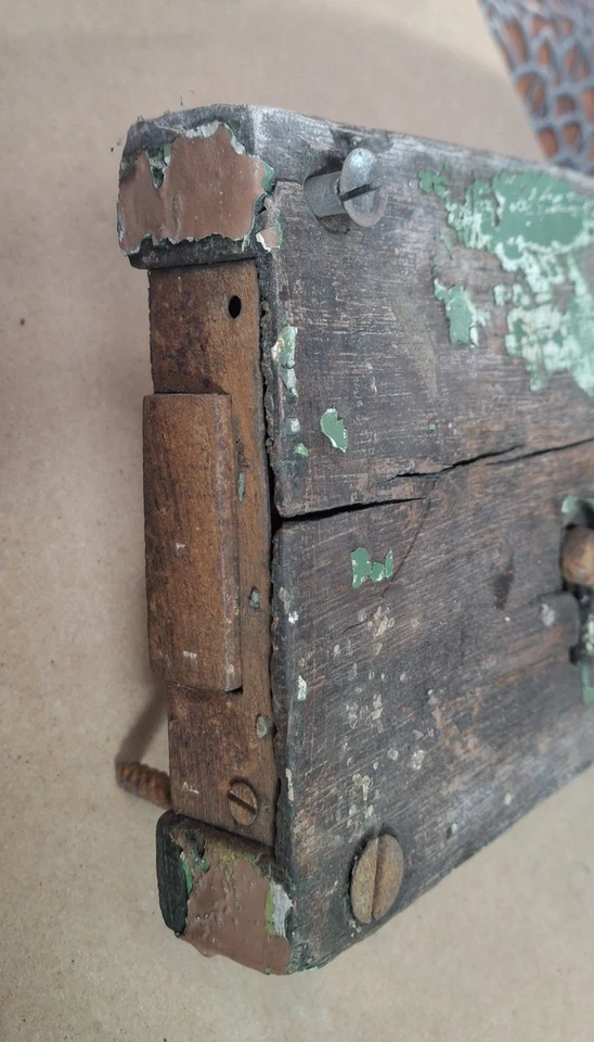 Antique Original Wooden & Metal Rim Lock with Iron Key, Green Paint, Salvage - Image 3 of 4