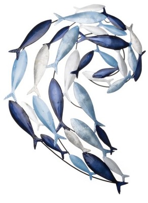 Wirbelnde SCHULE OF BLUE / Silber FISCHE Metall Wandbild Skulptur Innen 54 cm lang