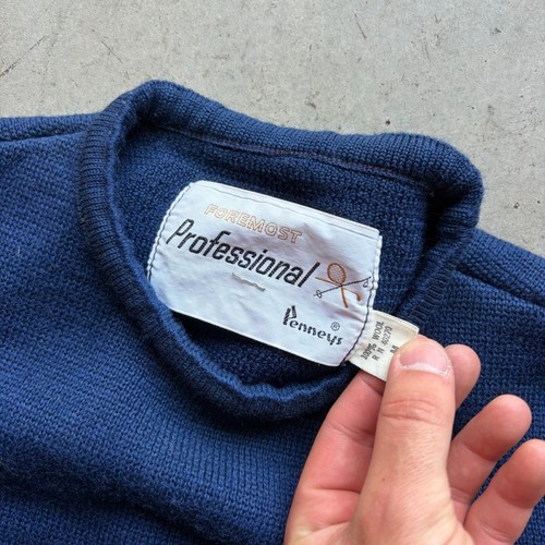 Vintage Penneys Foremost Wool Sweater Navy Blue Yellow Stripe Mens M