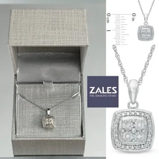 Zales DIAMOND Quad Pendant Necklace Sterling Silver 925 Art Deco Style Halo J/I3