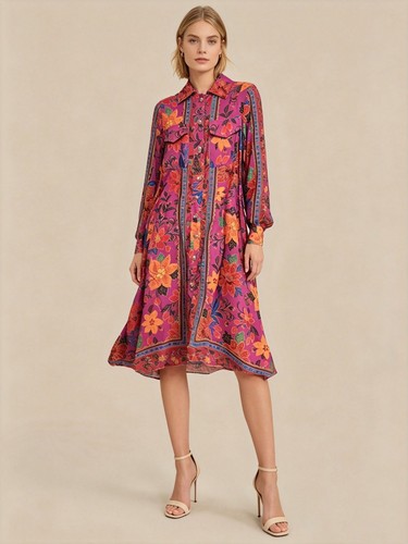 NWT Farm Rio Multicolor Floral Long Sleeves Pockets Midi Dress Size S