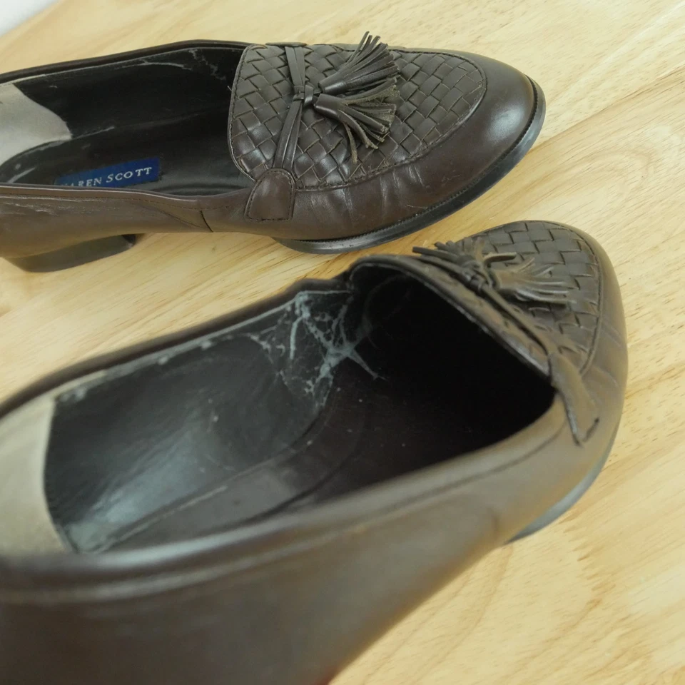 Винтажные 8 тканых кожаных лоферов с кисточками опрятные без шнуровки на плоской подошве Heritage коричневые 90-е - Изображение 4 из 4