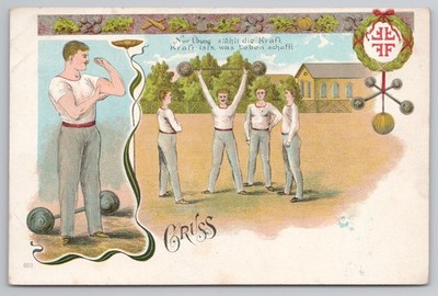 Vintage Deutsche Turn Postkarte Gewichtheben Turnverein Motto FFFF Litho ungelaufen