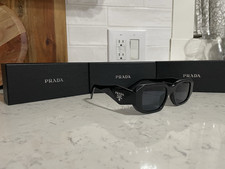 PRADA Designer Rectangle Sunglasses Black Plastic Frame Gray Tinted Lenses
