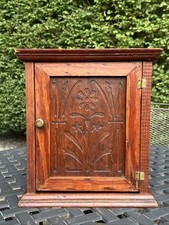 PRIMITIVE ANTIQUE WOODEN CABINET CUPBOARD 2 SHELF NORTHERN CARVED PANEL DOOR