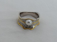 Estate Sterling Silver Size 9 Designer 6mm Pearl Ring UE-15