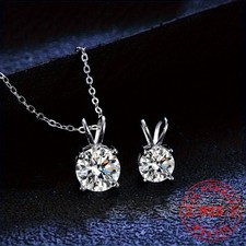 Four Prong Round CZ Silver Necklace Earring Set Daily Office Ladies Accessory
