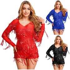 Womens Sparkly Fringe Bodysuit V Neck Latin Jazz Rave Dance Leotard Clubwear