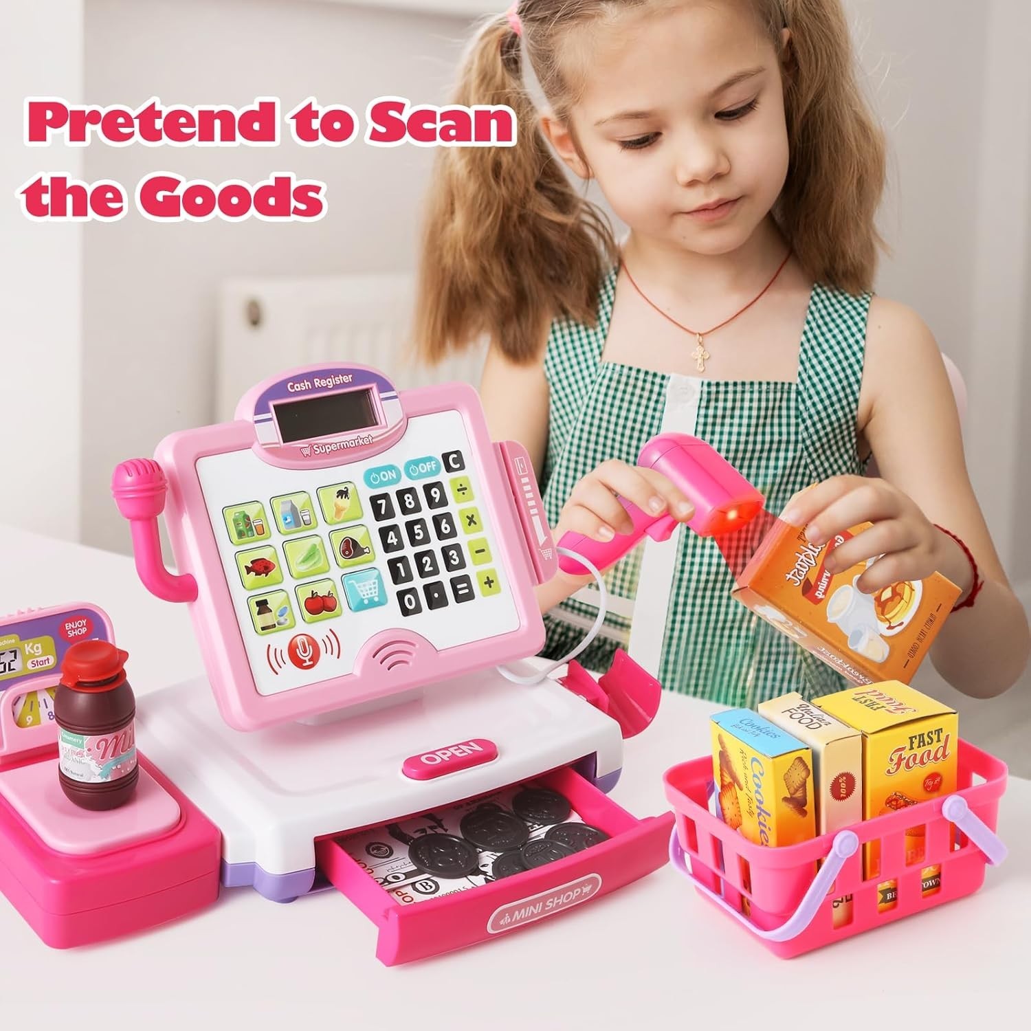 как выглядит Delightful Pink Grocery Store Cash Register Toy Set for Imaginative Play 3-8 фото