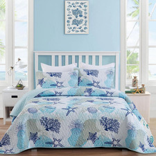 Twin Size Coastal Quilt Set Blue Ocean Beach Starfish Seashell Bedding Set 3 Pie