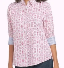 Foxcroft Ava Medium Tribal Hibiscus Floral Print 3/4 Sleeve Button Up Blouse