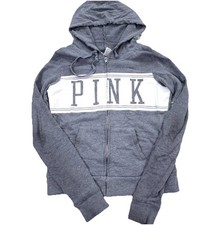 Victoria Secret Pink Hoodie Women Small Gray White Sweatshirt Jacket VTG Y2K