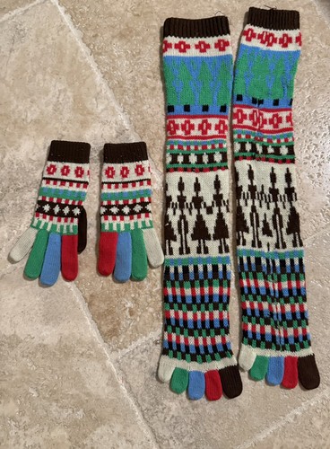 Vintage 1970's Knit Winter Gloves And Knee High Socks Multi Colors, Women’s Smal