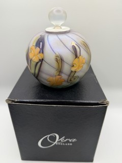 Iridescent Orange Floral Okra Studio Glass Perfume Bottle Signed Boxed 2004