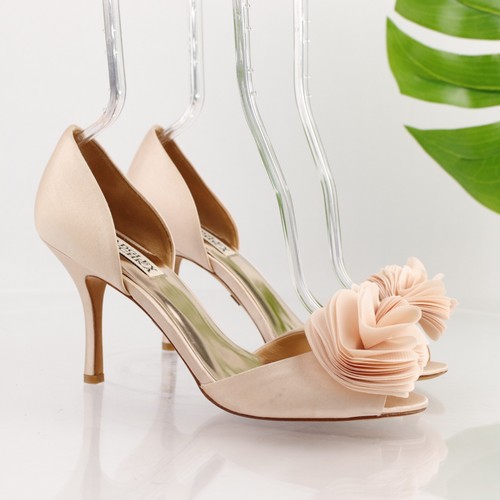 Badgley Mischka Women Thora Pump Size 8.5 Blush Satin D'Orday Heels Blossom Poof - Picture 17 of 17
