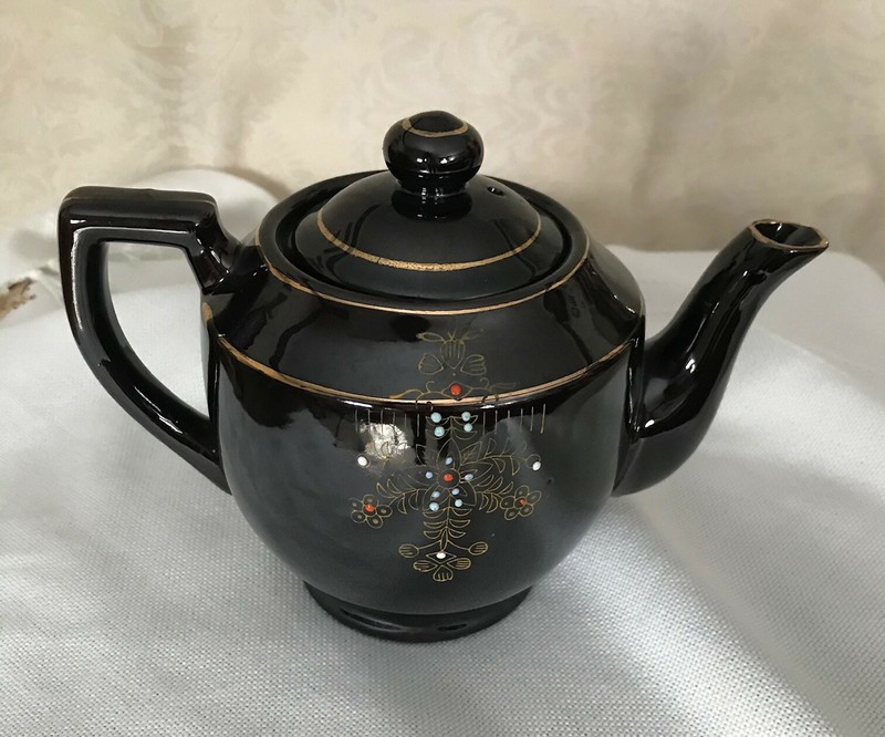 Vintage Redware Brown Tea Pot from Japan Hand painted dots netted flowers
