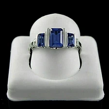 3Ct Emerald Cut Lab-Created Blue Sapphire Engagement Ring 14K White Gold Plated