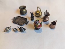 Dollhouse Miniature: 10pc Metal Home Decor Tea Set/Tea Kettle, Pitchers, Vase