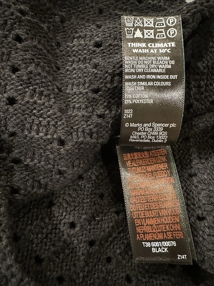 NEW M&S Black Crochet Look Waffle Knit Cropped Jumper Cotton Mix XS 16