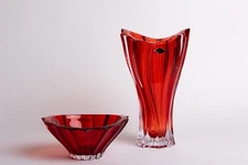 Set Vase 12 " and Bowl 8" Red Bud Vase Desert Bowl Bohemia Czech Crystal Gift