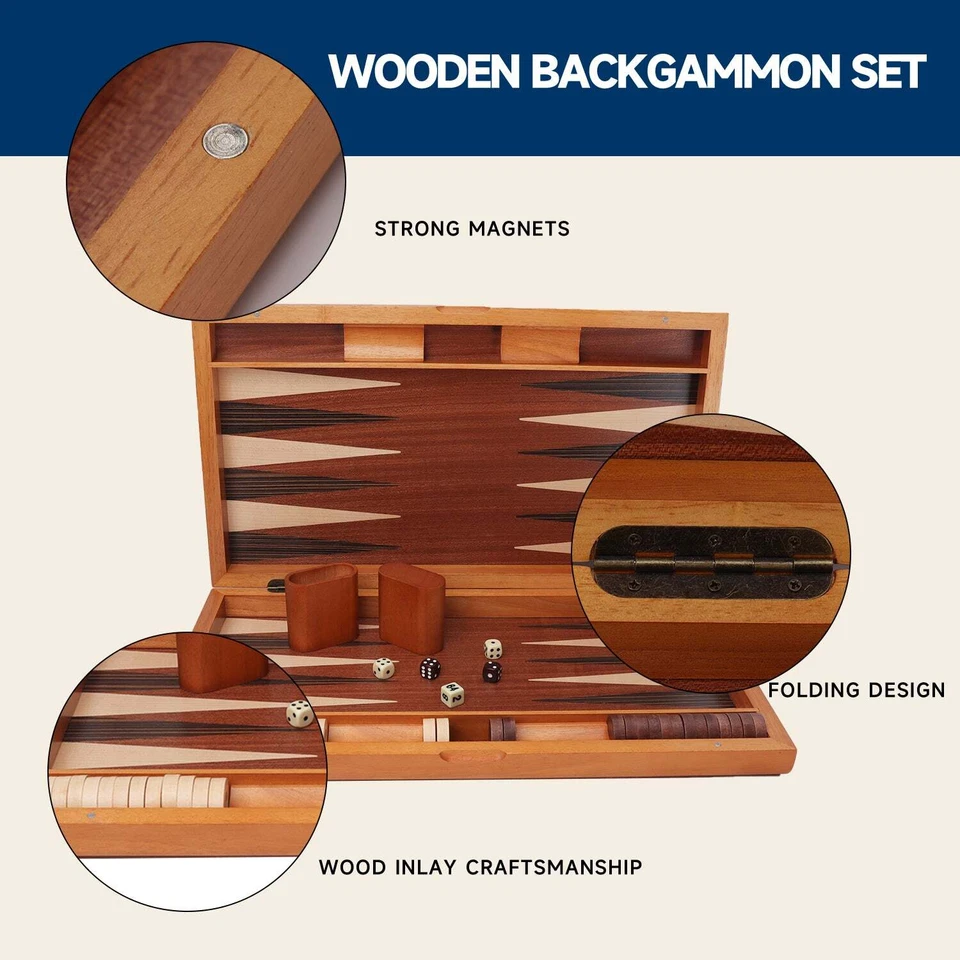 Juego de mesa clásico de backgammon de madera grande de 21". Tablero de enfoque con incrustación con pieza de juego Foto 3 de 4