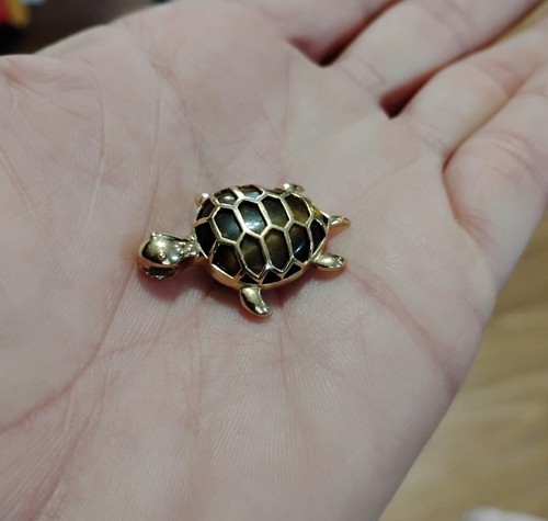 Vtg RARE 10K YELLOW GOLD TIGER'S EYE STONE FIGURAL SEA TURTLE Necklace PENDANT - Picture 20 of 20