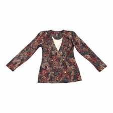 Dawn Joy Vtg Double Breasted Dark Floral Blazer w/Faux Shirt Attachment - Sz M