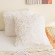 Faux Fur Throw Pillow Covers, Fluffy Soft Fuzzy 18" x 18" Pack of 2 Beige