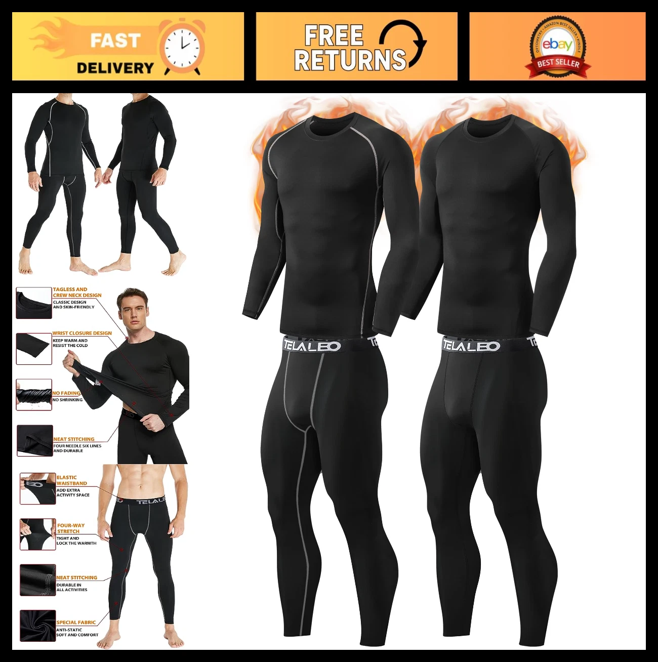 Men's Thermal Underwear Set - Fleece Lined Long Johns & Base Layer Pants - 4 Pcs