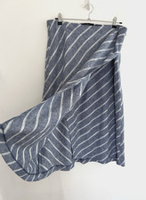 M  S Skirt Women's Linen Blend Blue Stripe Flare Faux Wrap Midi Size 16
