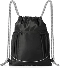 Drawstring Lightweight Gym Bag Soccer Backpack, Large, Black