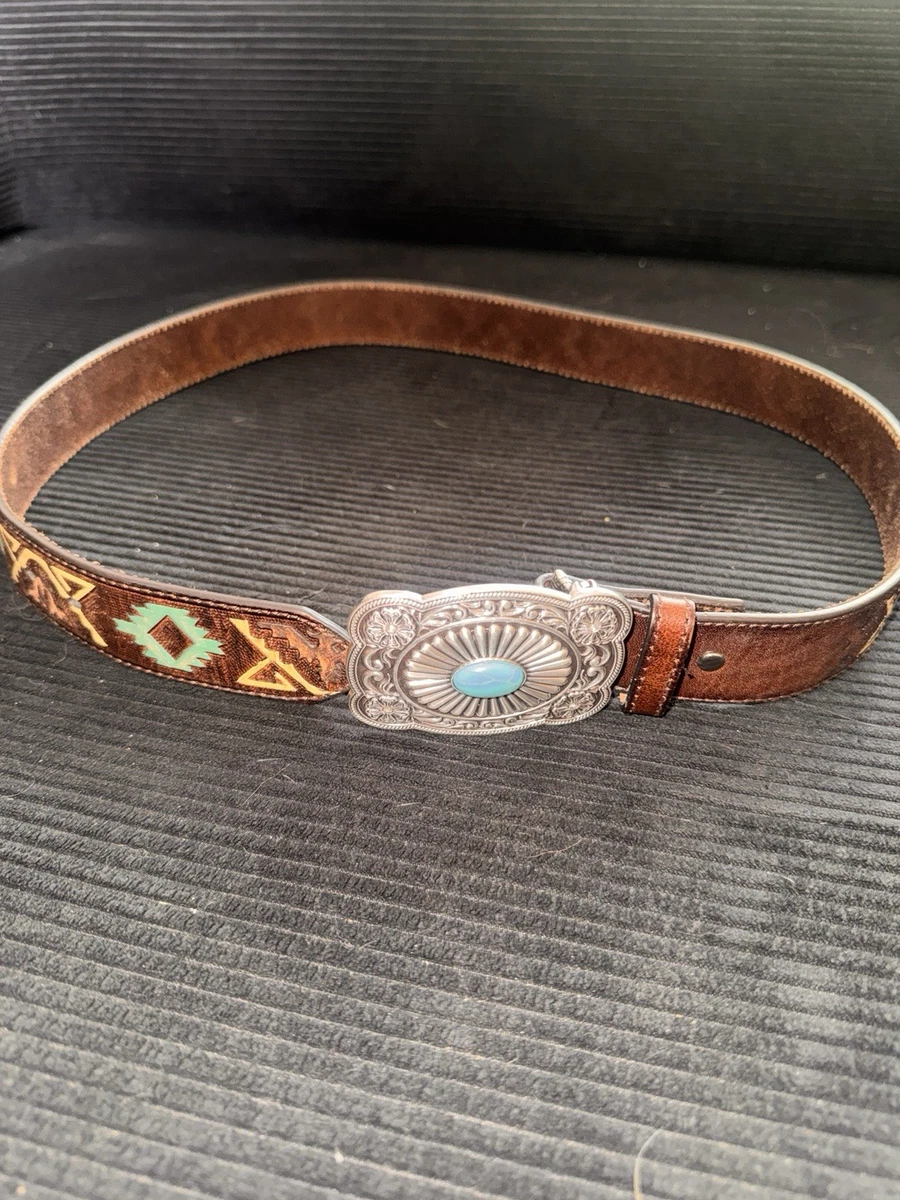 Nocona Belt Co Genuine Leather Hair On Hide Western Belt Turquoise Concho Sz 36 Silver TURQUOISE CONCHOS & Buckle ~BLACK HAIR Leather  main image 3