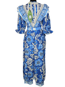 NWT $260 FARM Rio Full Of Flowers Ruffled Jumpsuit Blue Floral Linen Small