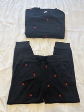VS PINK Sweatshirt  Sweatpants Vintage Black Fleece Embroidered Red Roses NEW