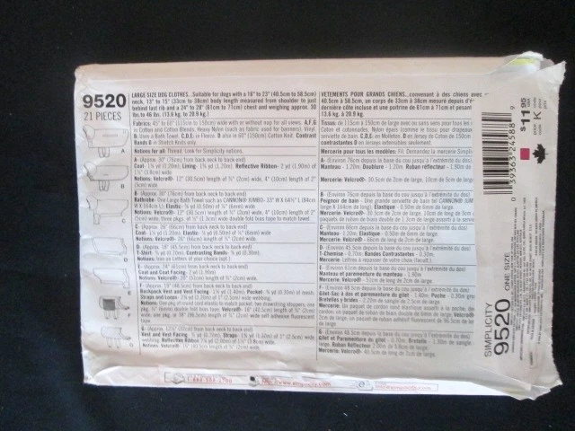 SIMPLICITY CRAFTS "LARGE SIZE DOG CLOTHES" PATTERN- NEW UNUSED - Image 2 of 4