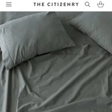 🆕 The Citizenry STONEWASHED COTTON PERCALE QUEEN SHEET SET- Aegean (4 Pieces)