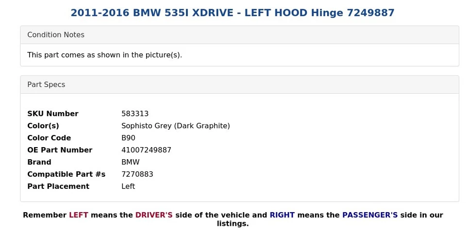BMW 535I XDRIVE 2011-2016 - capó izquierdo bisagra 7249887 Foto 3 de 4